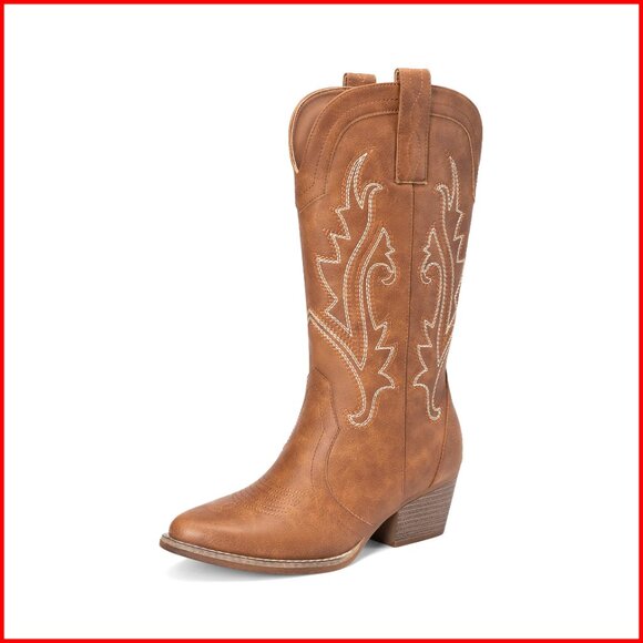 Women's Embroidered Western Mid Calf Boots Pointed Toe Low Heel